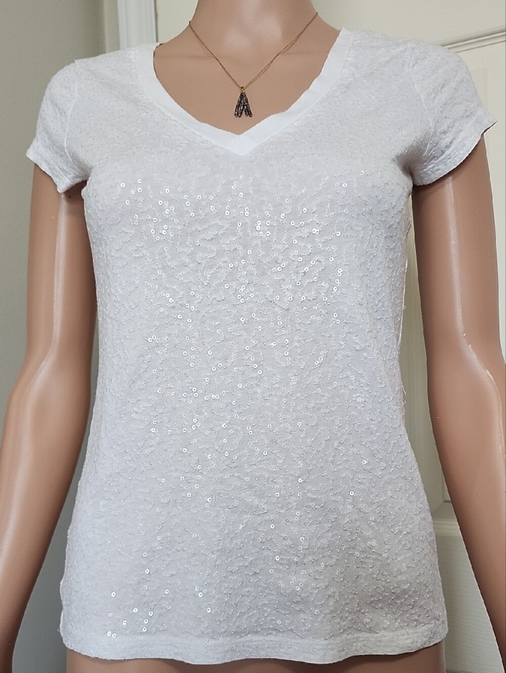 Express White Short-Sleeve Sequin Tee